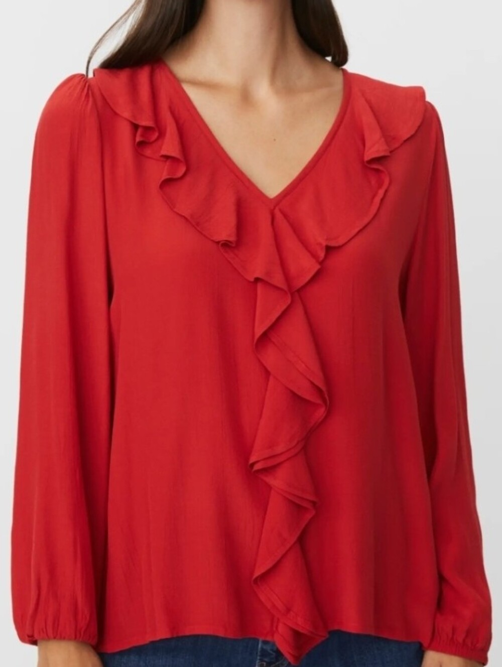 Red Ruffle V-Neck Blouse Size L